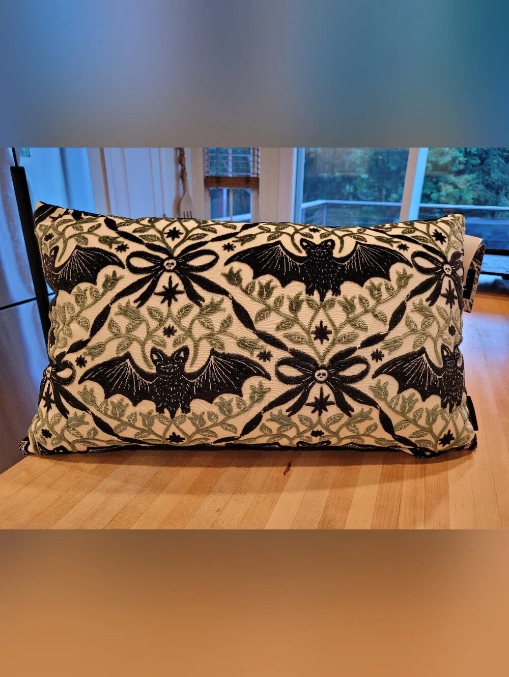 NEW Tahari Home Bat & Skull Bow Velour Lumbar Pillow - Black Cream And Green